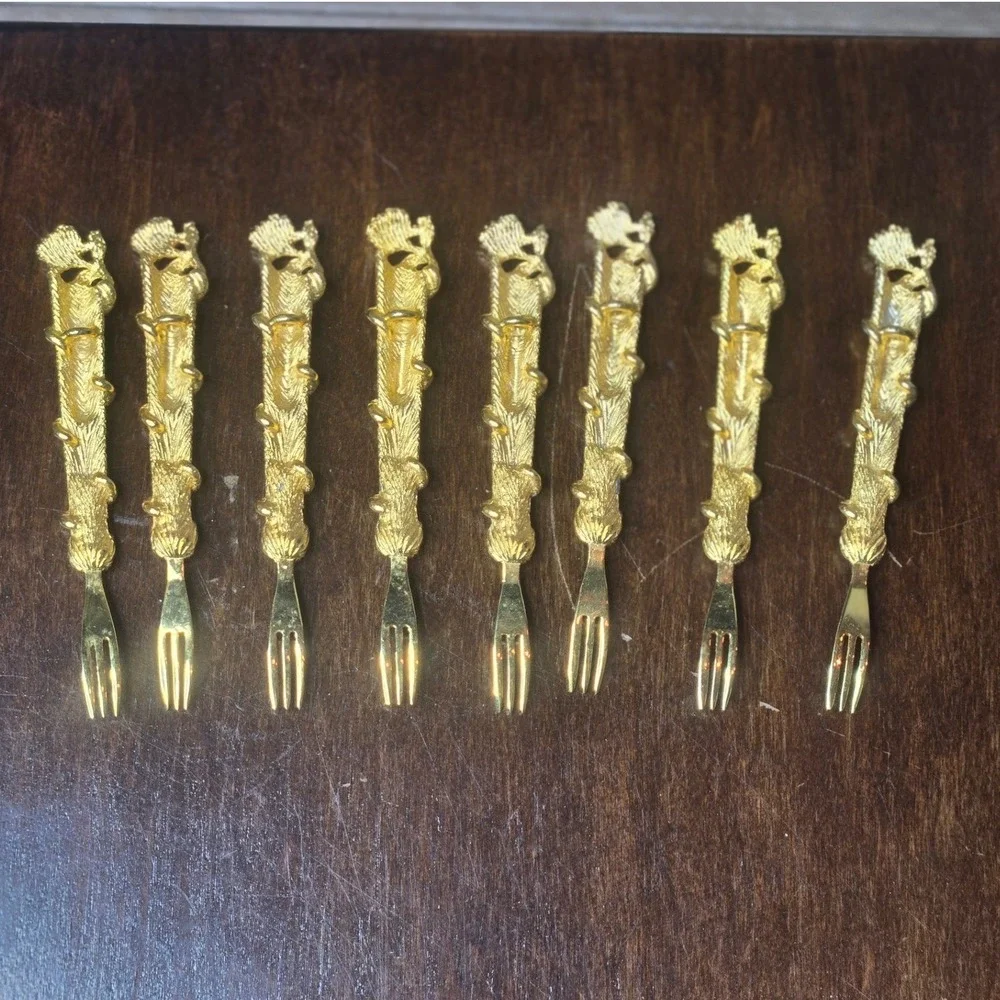 Hollywood Regency Appetizer Forks Gold Tone Rose Floral Set of 8 - Antique Style